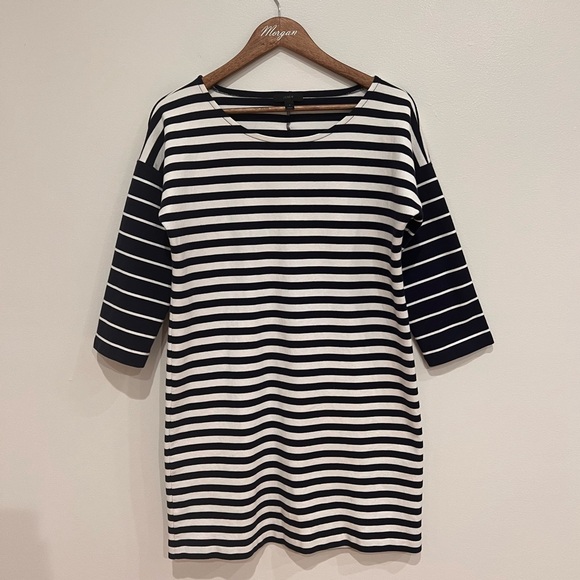 J. Crew Striped Relaxed Cotton Shift Mini Dress, Navy Blue White 3/4 sleeve, S - Picture 4 of 11